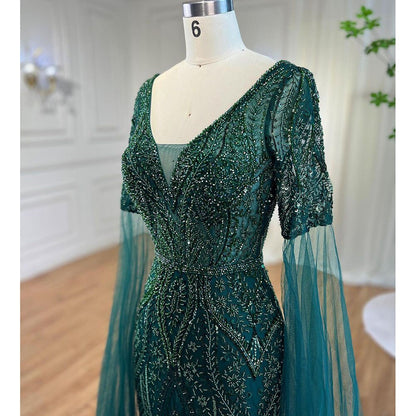 Elegante vestido de noche árabe de sirena verde con cuentas y mangas estilo capa para mujer, ideal para bodas 2025 LA72131 