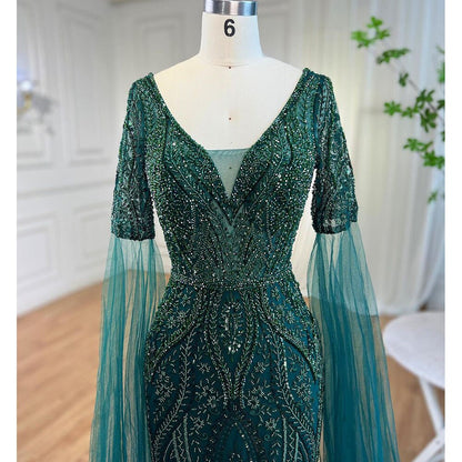 Elegante vestido de noche árabe de sirena verde con cuentas y mangas estilo capa para mujer, ideal para bodas 2025 LA72131 