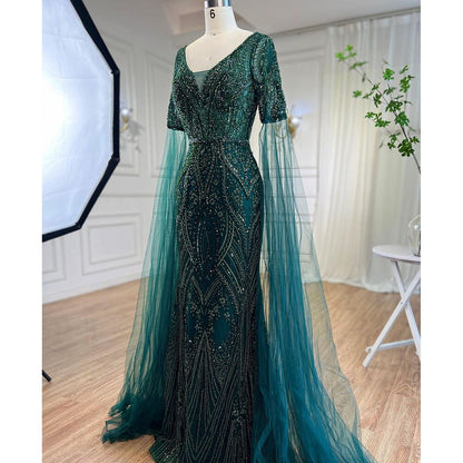 Elegante vestido de noche árabe de sirena verde con cuentas y mangas estilo capa para mujer, ideal para bodas 2025 LA72131 