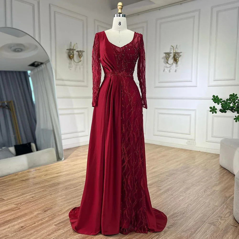 Elegante vestido de noche árabe de sirena verde con encaje satinado y cuentas de lujo estilo Dubái para mujer, para fiesta de boda LA71860A 
