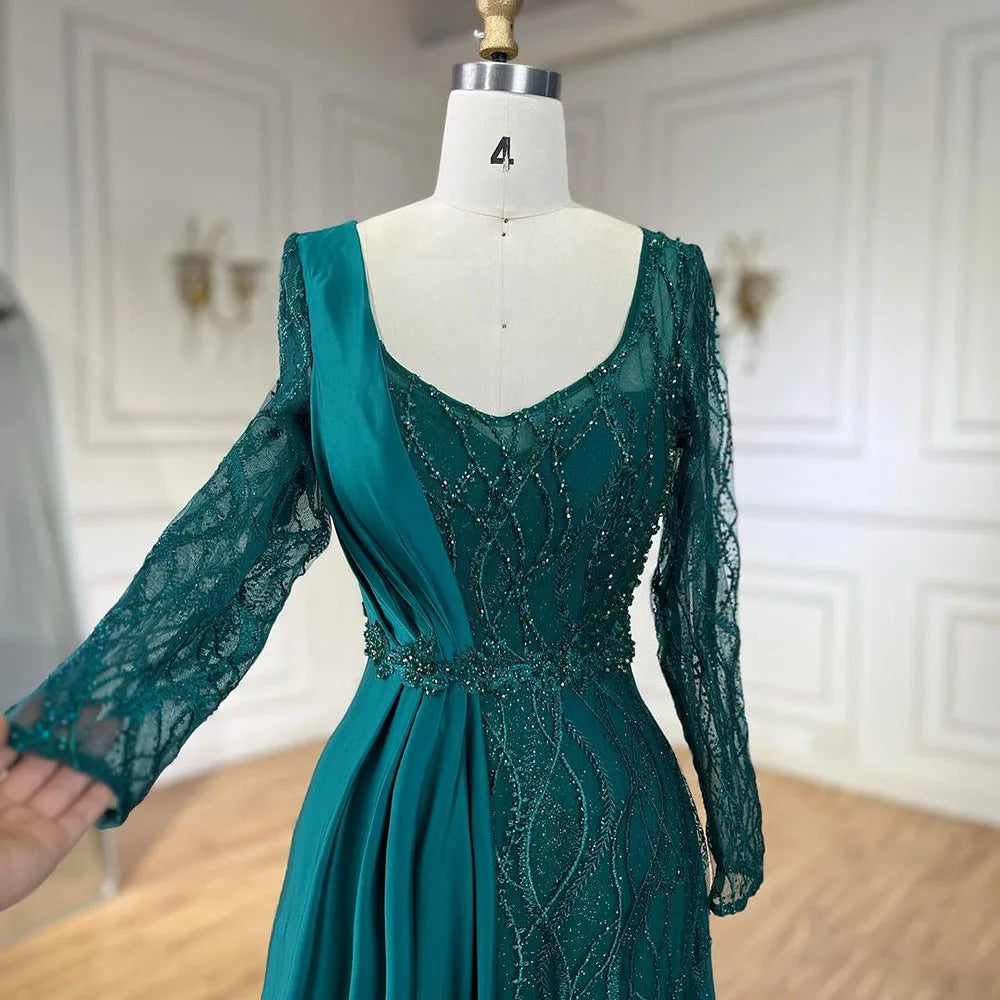 Arabic Green Mermaid Elegant Satin Lace Beaded Luxury Dubai Evening Dresses Gowns For Women Wedding Party LA71860A