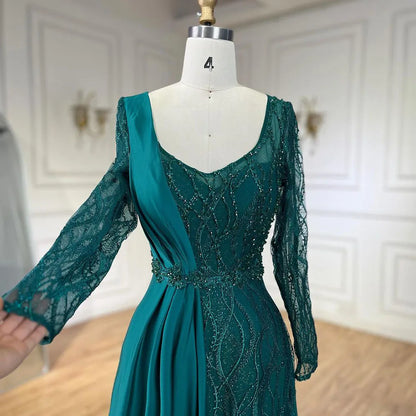 Elegante vestido de noche árabe de sirena verde con encaje satinado y cuentas de lujo estilo Dubái para mujer, para fiesta de boda LA71860A 