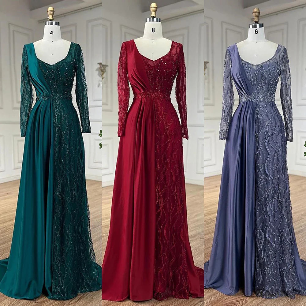 Elegante vestido de noche árabe de sirena verde con encaje satinado y cuentas de lujo estilo Dubái para mujer, para fiesta de boda LA71860A 