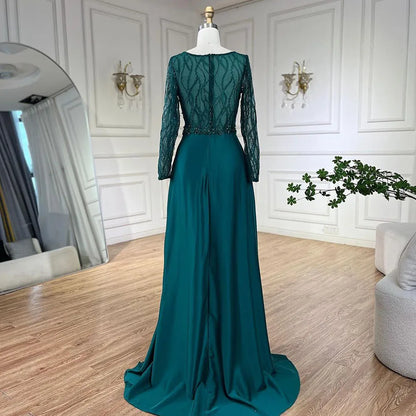 Elegante vestido de noche árabe de sirena verde con encaje satinado y cuentas de lujo estilo Dubái para mujer, para fiesta de boda LA71860A 