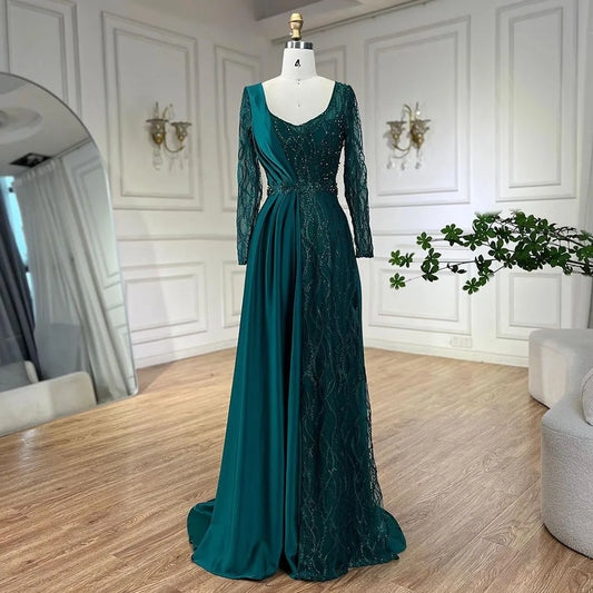Elegante vestido de noche árabe de sirena verde con encaje satinado y cuentas de lujo estilo Dubái para mujer, para fiesta de boda LA71860A 