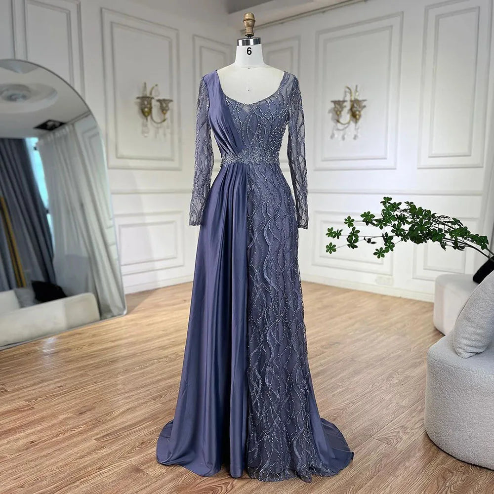 Elegante vestido de noche árabe de sirena verde con encaje satinado y cuentas de lujo estilo Dubái para mujer, para fiesta de boda LA71860A 