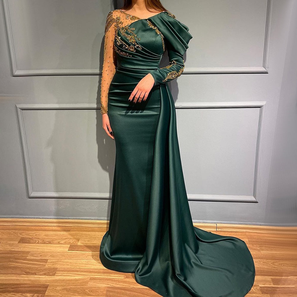 Vestido de noche árabe verde sirena con escote en V, elegante sobrefalda de encaje de lujo con cuentas, 2025, para mujer, fiesta LA71578 