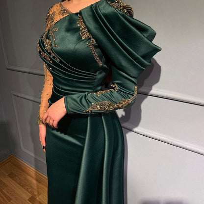 Vestido de noche árabe verde sirena con escote en V, elegante sobrefalda de encaje de lujo con cuentas, 2025, para mujer, fiesta LA71578 