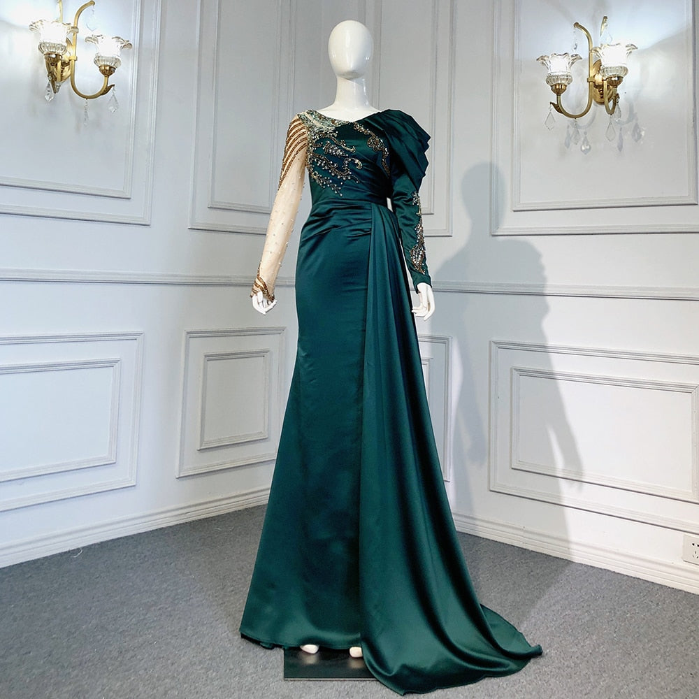 Vestido de noche árabe verde sirena con escote en V, elegante sobrefalda de encaje de lujo con cuentas, 2025, para mujer, fiesta LA71578 