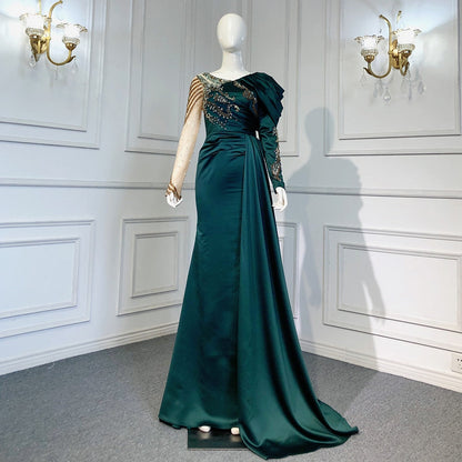 Vestido de noche árabe verde sirena con escote en V, elegante sobrefalda de encaje de lujo con cuentas, 2025, para mujer, fiesta LA71578 