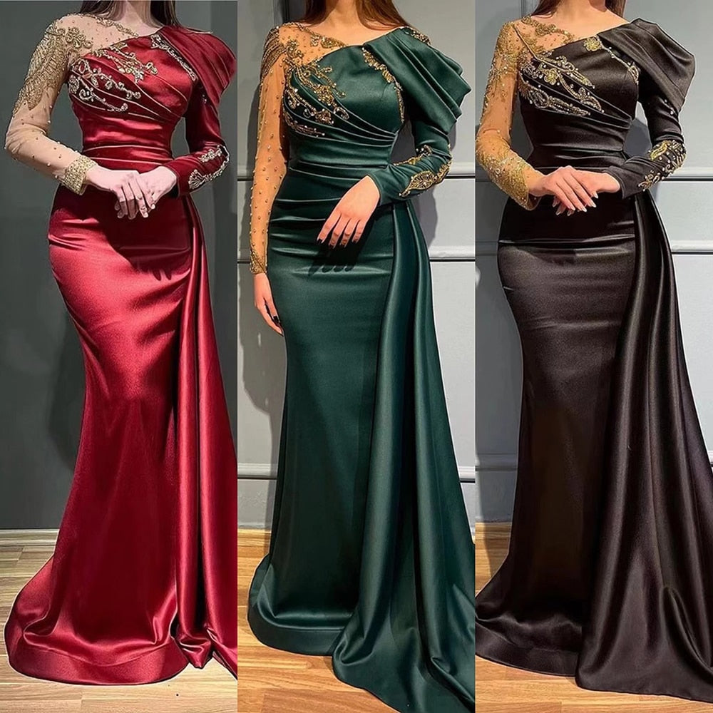Vestido de noche árabe verde sirena con escote en V, elegante sobrefalda de encaje de lujo con cuentas, 2025, para mujer, fiesta LA71578 