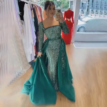Vestidos de noche árabes de sirena con sobrefalda y cuentas, de lujo, para ocasiones formales, LA72710 