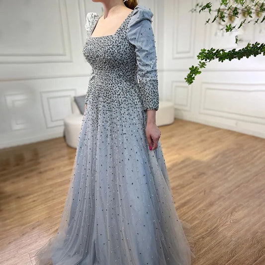 Elegante vestido de noche árabe gris de corte A con cuentas y hombros abullonados para mujer, fiesta de boda 2025 LA71368 