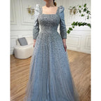Elegante vestido de noche árabe gris de corte A con cuentas y hombros abullonados para mujer, fiesta de boda 2025 LA71368 