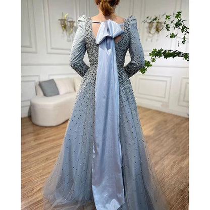 Elegante vestido de noche árabe gris de corte A con cuentas y hombros abullonados para mujer, fiesta de boda 2025 LA71368 