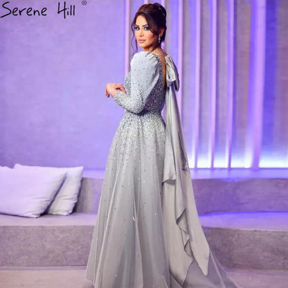 Elegante vestido de noche árabe gris de corte A con cuentas y hombros abullonados para mujer, fiesta de boda 2025 LA71368 