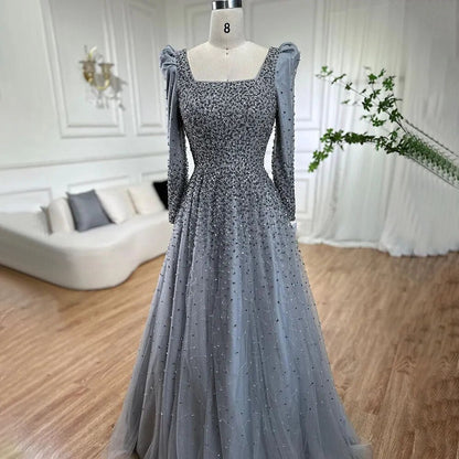 Elegante vestido de noche árabe gris de corte A con cuentas y hombros abullonados para mujer, fiesta de boda 2025 LA71368 