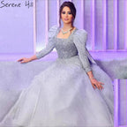 Elegante vestido de noche árabe gris de corte A con cuentas y hombros abullonados para mujer, fiesta de boda 2025 LA71368 