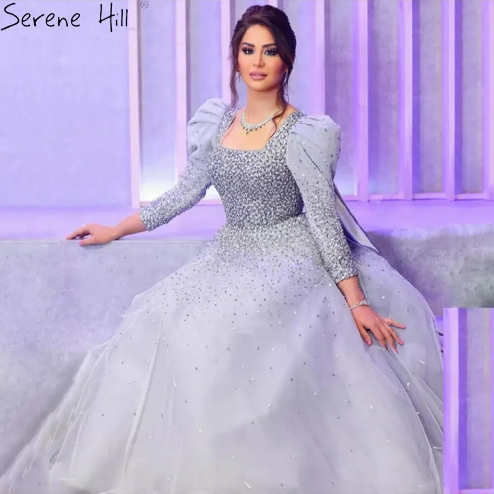 Elegante vestido de noche árabe gris de corte A con cuentas y hombros abullonados para mujer, fiesta de boda 2025 LA71368 