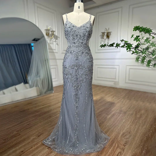 Elegante vestido de noche árabe gris sirena con tirantes finos, de lujo, con cuentas, para mujer, fiesta, LA71652 