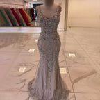 Elegante vestido de noche árabe gris sirena con tirantes finos, de lujo, con cuentas, para mujer, fiesta, LA71652 