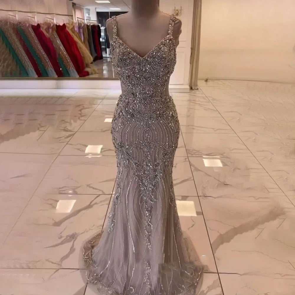Arabic Grey Mermaid Spaghetti Straps Elegant Evening Dresses Gowns Luxury Beaded 2025 For Woman Party LA71652