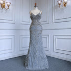 Elegante vestido de noche árabe gris sirena con tirantes finos, de lujo, con cuentas, para mujer, fiesta, LA71652 