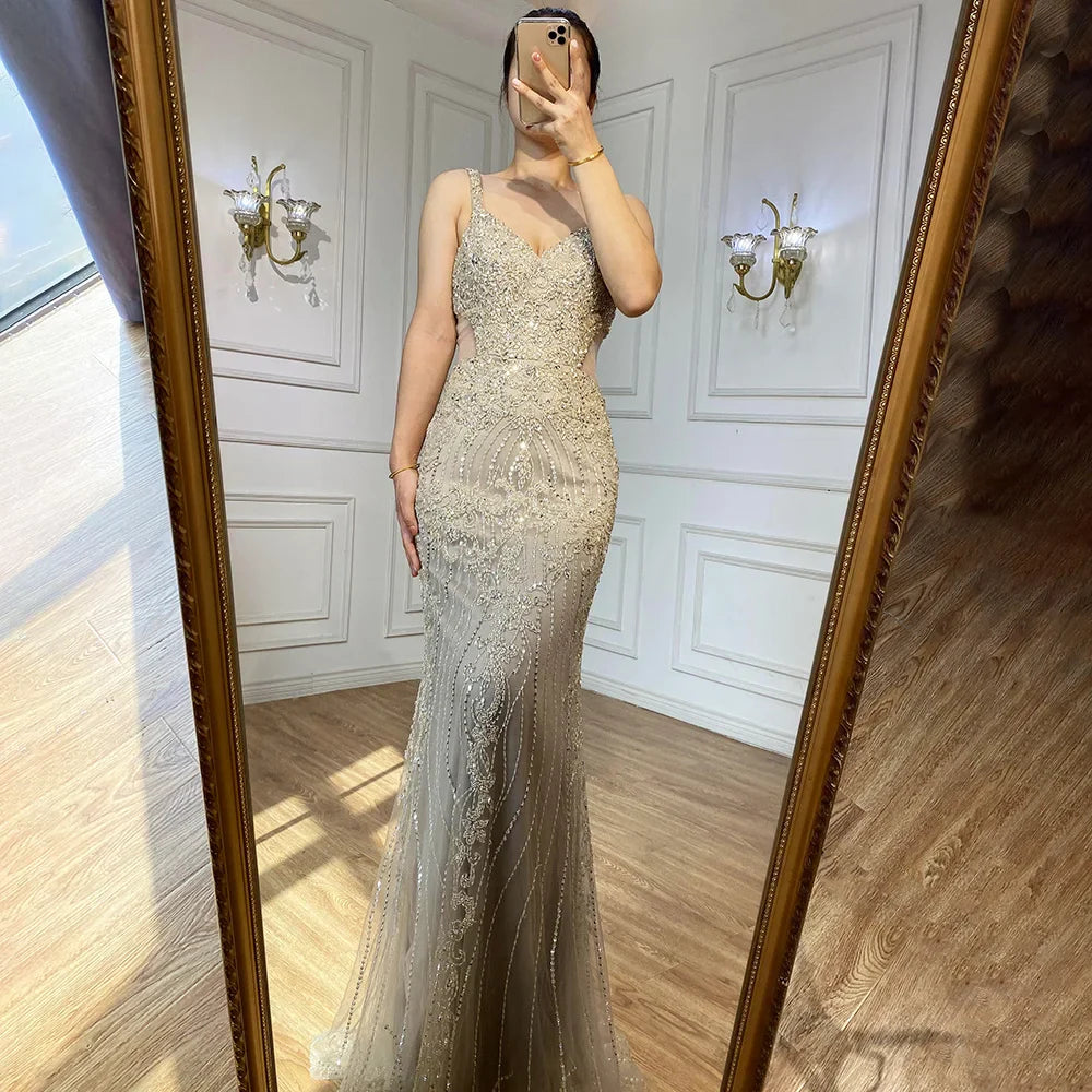 Arabic Grey Mermaid Spaghetti Straps Elegant Evening Dresses Gowns Luxury Beaded 2025 For Woman Party LA71652