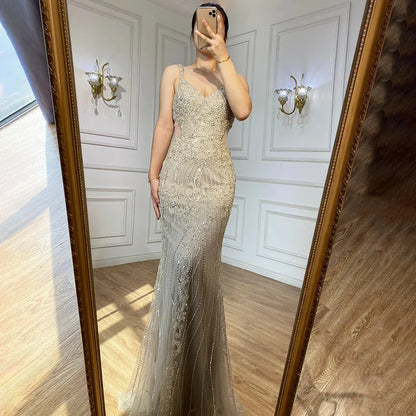 Elegante vestido de noche árabe gris sirena con tirantes finos, de lujo, con cuentas, para mujer, fiesta, LA71652 