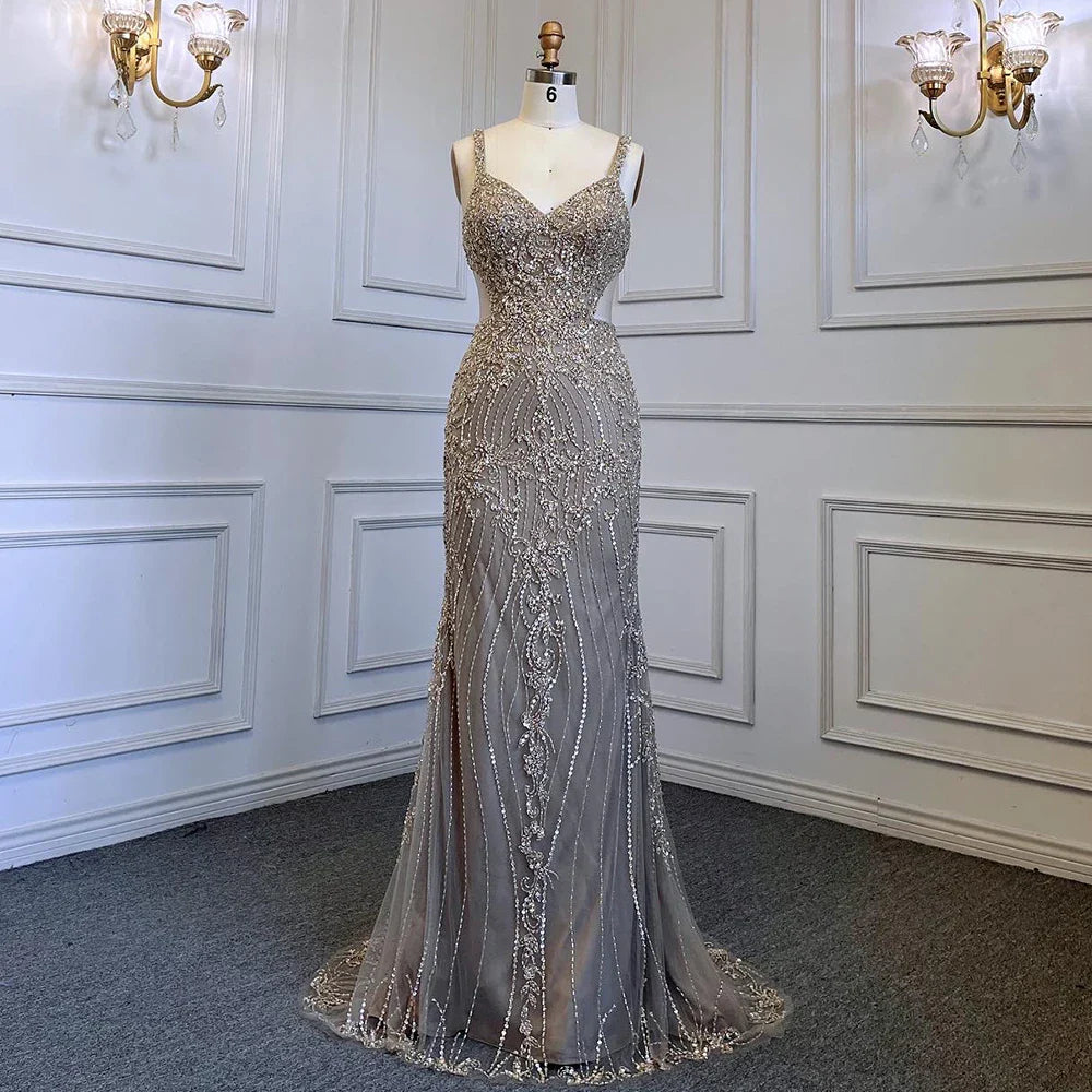 Elegante vestido de noche árabe gris sirena con tirantes finos, de lujo, con cuentas, para mujer, fiesta, LA71652 