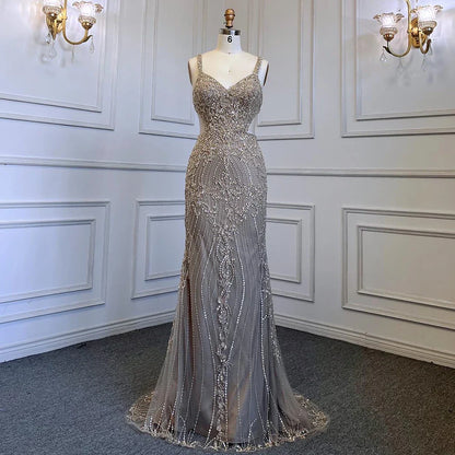 Elegante vestido de noche árabe gris sirena con tirantes finos, de lujo, con cuentas, para mujer, fiesta, LA71652 