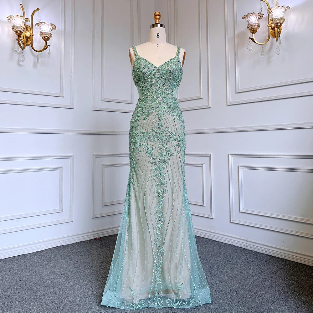 Arabic Grey Mermaid Spaghetti Straps Elegant Evening Dresses Gowns Luxury Beaded 2025 For Woman Party LA71652