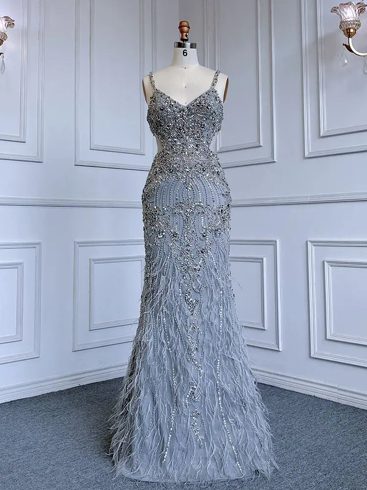 Elegante vestido de noche árabe gris sirena con tirantes finos, de lujo, con cuentas, para mujer, fiesta, LA71652 