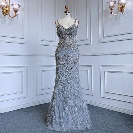 Vestido de noche árabe de sirena gris con tirantes finos, de lujo, con cuentas, para boda, LA71652A, 2025 