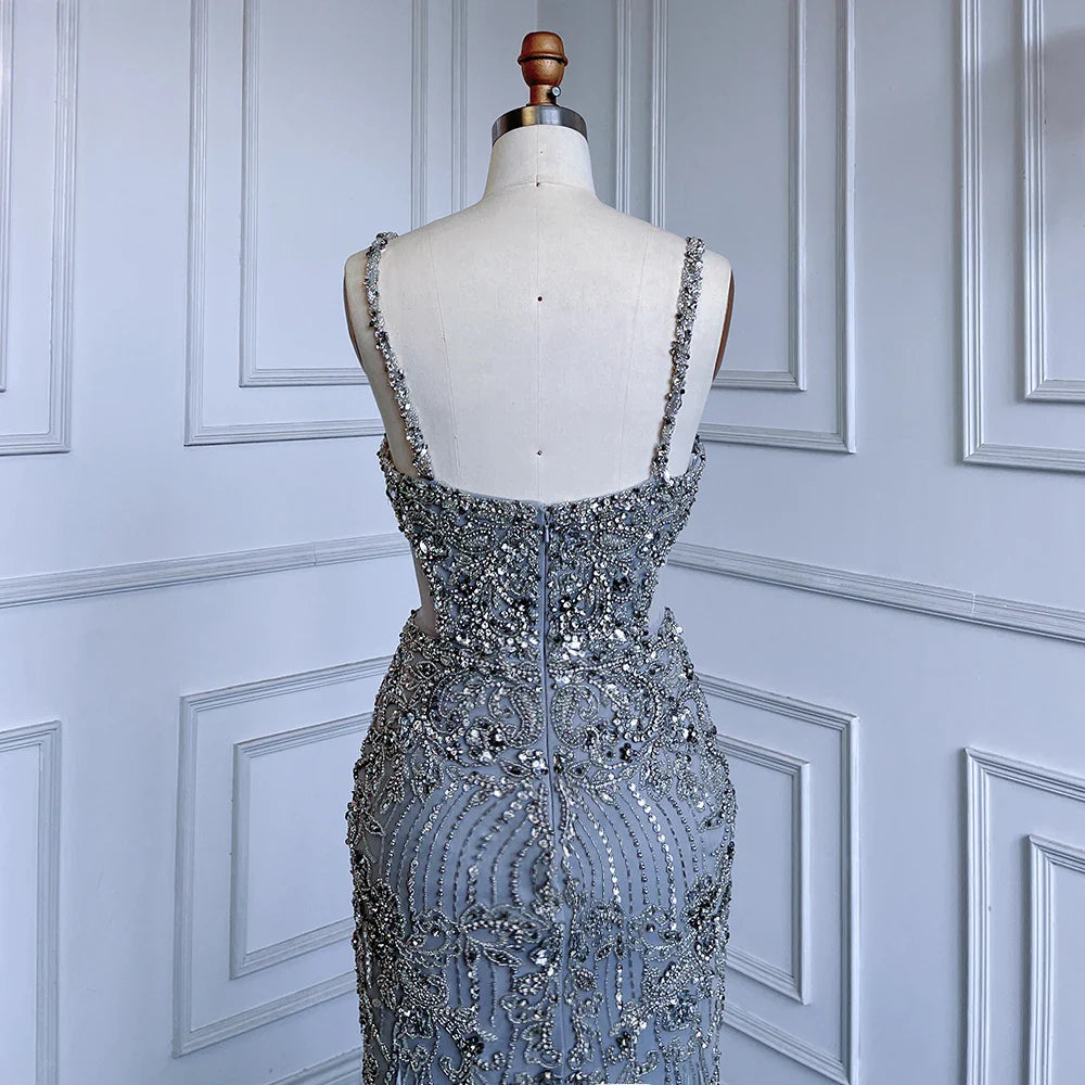 Vestido de noche árabe de sirena gris con tirantes finos, de lujo, con cuentas, para boda, LA71652A, 2025 