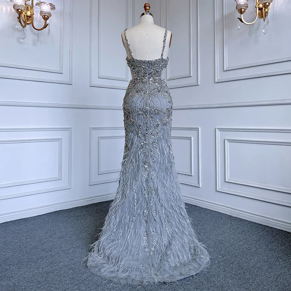 Arabic Grey Mermaid Spaghetti Straps Evening Dresses Gowns Luxury Beaded 2025 for Women's Wedding Party LA71652A