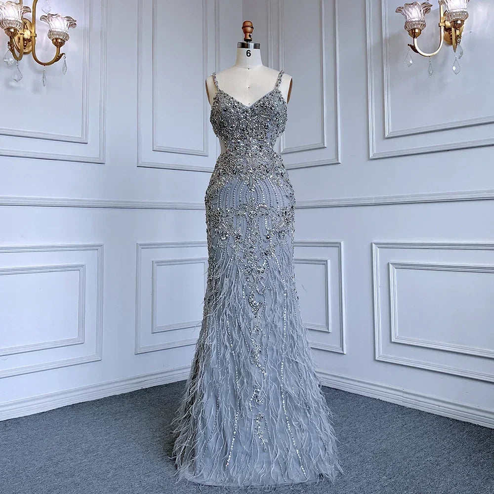 Arabic Grey Mermaid Spaghetti Straps Evening Dresses Gowns Luxury Beaded 2025 for Women's Wedding Party LA71652A