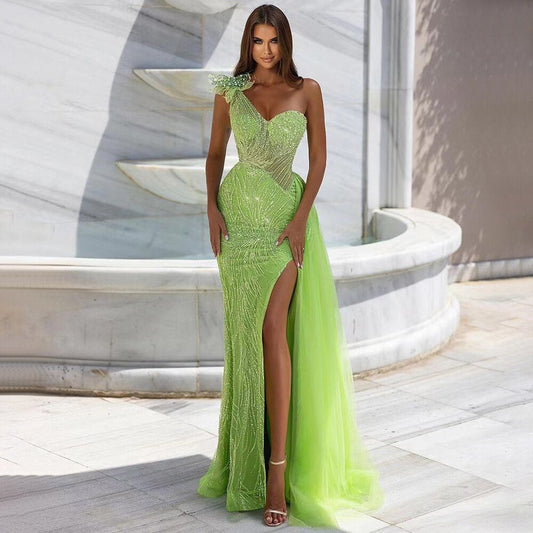Vestidos de noche árabes de sirena con un solo hombro, sexys, con abertura alta y cuentas, para mujer, para fiesta de boda, LA71968 