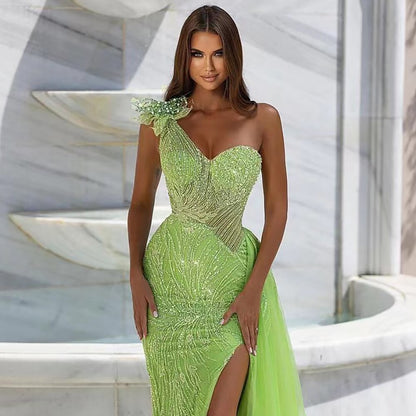 Vestidos de noche árabes de sirena con un solo hombro, sexys, con abertura alta y cuentas, para mujer, para fiesta de boda, LA71968 
