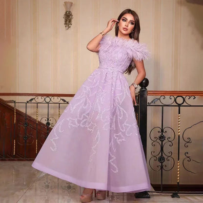 Vestido de noche de lujo con plumas y cuentas, corte en A, largo hasta el tobillo, color lila árabe, para mujer, para boda, fiesta, 2025, LA71932 