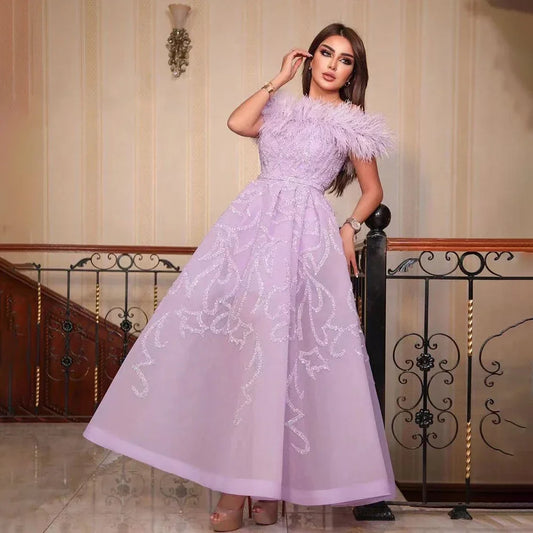 Vestido de noche de lujo con plumas y cuentas, corte en A, largo hasta el tobillo, color lila árabe, para mujer, para boda, fiesta, 2025, LA71932 