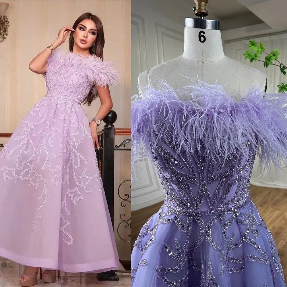 Vestido de noche de lujo con plumas y cuentas, corte en A, largo hasta el tobillo, color lila árabe, para mujer, para boda, fiesta, 2025, LA71932 