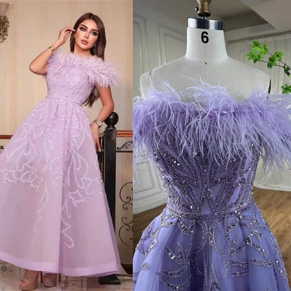Vestido de noche de lujo con plumas y cuentas, corte en A, largo hasta el tobillo, color lila árabe, para mujer, para boda, fiesta, 2025, LA71932 