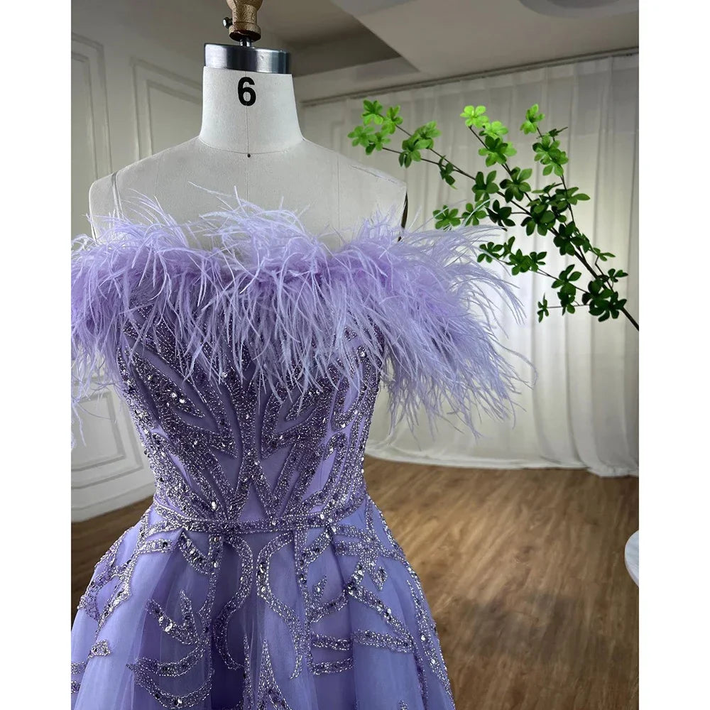 Vestido de noche de lujo con plumas y cuentas, corte en A, largo hasta el tobillo, color lila árabe, para mujer, para boda, fiesta, 2025, LA71932 