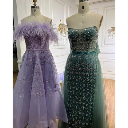 Vestido de noche de lujo con plumas y cuentas, corte en A, largo hasta el tobillo, color lila árabe, para mujer, para boda, fiesta, 2025, LA71932 