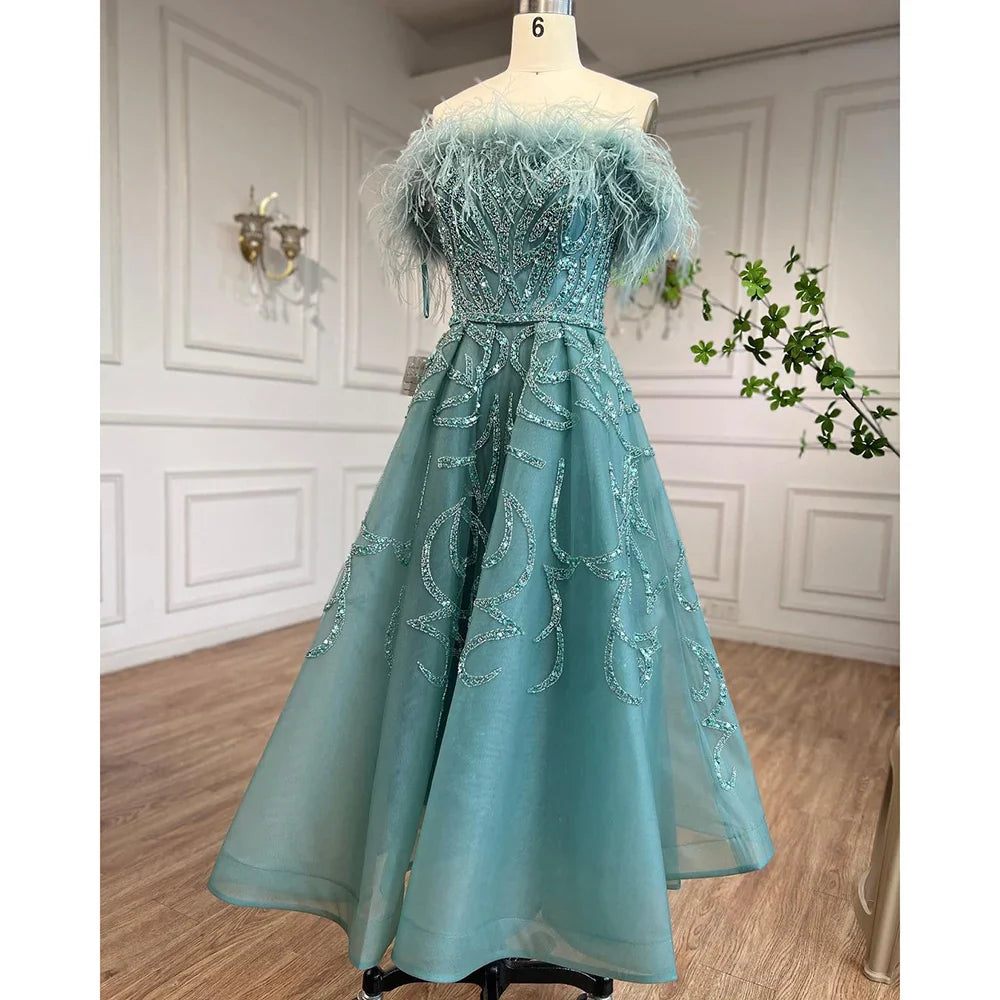 Vestido de noche de lujo con plumas y cuentas, corte en A, largo hasta el tobillo, color lila árabe, para mujer, para boda, fiesta, 2025, LA71932 