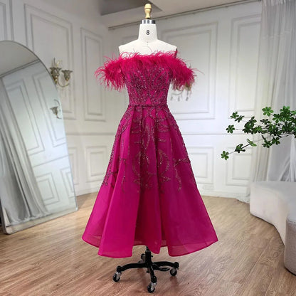 Vestido de noche de lujo con plumas y cuentas, corte en A, largo hasta el tobillo, color lila árabe, para mujer, para boda, fiesta, 2025, LA71932 
