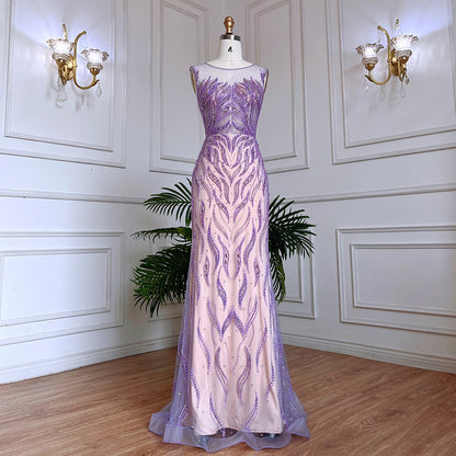 Elegante vestido de noche largo estilo sirena árabe lila con cuentas de lujo de Dubái para mujer, vestido de fiesta de boda 2025 LA71962 
