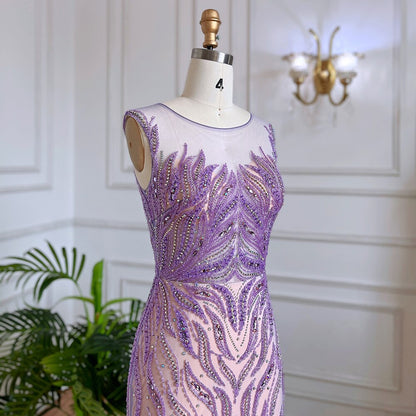 Elegante vestido de noche largo estilo sirena árabe lila con cuentas de lujo de Dubái para mujer, vestido de fiesta de boda 2025 LA71962 