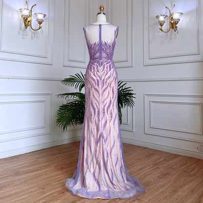 Elegante vestido de noche largo estilo sirena árabe lila con cuentas de lujo de Dubái para mujer, vestido de fiesta de boda 2025 LA71962 